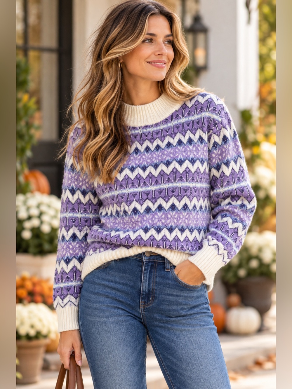 Talbots Fair Isle Sweater XL Purple Lavender Nordic Geometric Mock Neck Knit